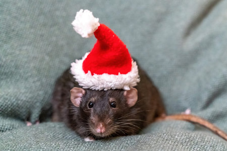 Rat Santa hat. Symbol of the Chinese New Year. Funny black rat Dumbo in a red santa checker on a...