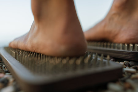 Sea Woman feet stepping on sadhu board during indian practice on the seashore. . Healthy lifestyle concept. tool for working out your inner stateの写真素材