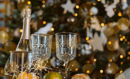 Champagne glasses, New Year decor. New Years festive setting, family holidays.Two glasses of...