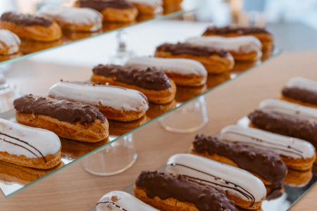 Eclairs with white and chocolate icing are laid out in a row on a mirror surface, display in a store.の写真素材