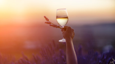 Glass white wine lavender field. Woman hand holds a glass with lavander and wine in the Lavender...