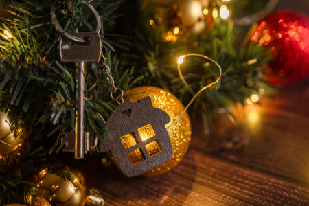 Gift key house with a keychain backdrop of Christmas tree. Building, design, project, moving to new...