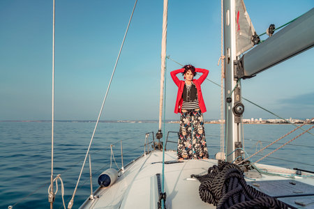 Woman standing on the nose of the yacht at a sunny summer day, breeze developing hair, beautiful sea...