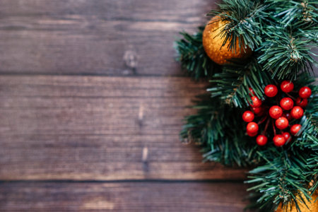Christmas Decoration Over Wooden Background. Decorations over Wood, Copy-spaceの写真素材