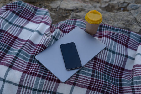 Laptop coffee on blanket with ocean view. Illustrating serene outdoor laptop use. Freelancer...