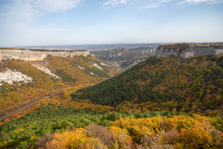 The autumn landscape of the mountain valley is an amazing, beautiful place at any time of the year. Hiking. Natureの写真素材