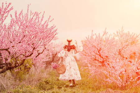 Woman blooming peach orchard. Against the backdrop of a picturesque peach orchard, a woman in a long...