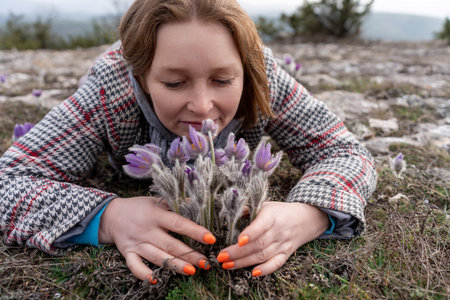 Dream grass woman spring flower. Woman lies on the ground and hugs flowers pasqueflower or Pulsatilla Grandis flowersの写真素材