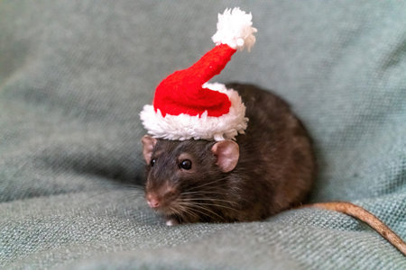 Rat Santa hat. Symbol of the Chinese New Year. Funny black rat Dumbo in a red santa checker on a...