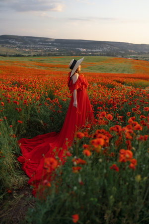Woman poppy field red dress hat. Happy woman in a long red dress in a beautiful large poppy field. Blond stands with her back posing on a large field of red poppies.の写真素材