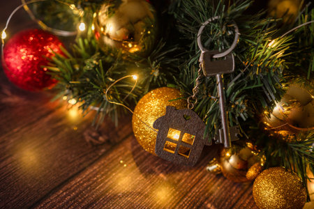 Gift key house with a keychain backdrop of Christmas tree. Building, design, project, moving to new...