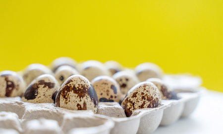 Spotted quail eggs in an egg box on a yellow background, natural eco friendly products.の写真素材