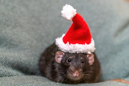 Rat Santa hat. Symbol of the Chinese New Year. Funny black rat Dumbo in a red santa checker on a green background.の写真素材