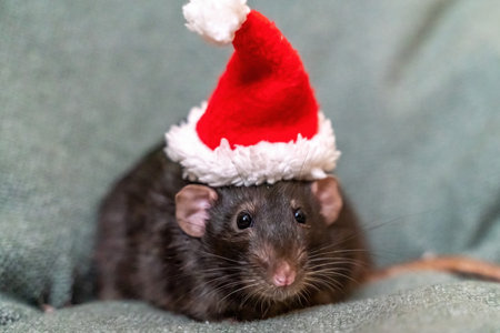 Rat Santa hat. Symbol of the Chinese New Year. Funny black rat Dumbo in a red santa checker on a green background.の写真素材