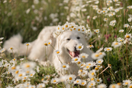 Daisies white dog Maremma Sheepdog in a wreath of daisies sits on a green lawn with wild flowers daisies, walks a pet. Cute photo with a dog in a wreath of daisies.の写真素材