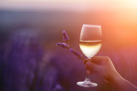 Glass white wine lavender field. Woman hand holds a glass with lavander and wine in the Lavender field at sunset Violet flowers on the background.. Conscious consumption. Wellness and natural conceptの写真素材