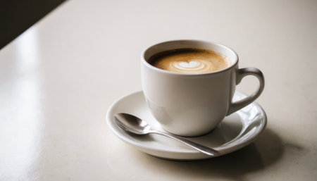 A hot cup of coffee on a saucer, set against a white background, casting a subtle shadow.の素材