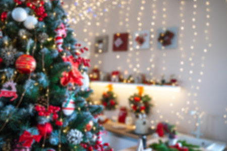 Christmas Tree with Decoration On A Winter Background With Bright Lightsの写真素材