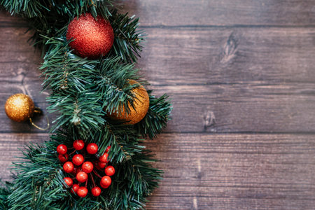 Christmas Decoration Over Wooden Background. Decorations over Wood, Copy-spaceの写真素材