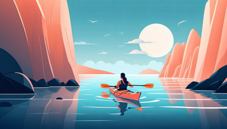 Woman paddles a kayak amidst a serene lake, encircled by mountains during sunset, for a peaceful experience.の素材