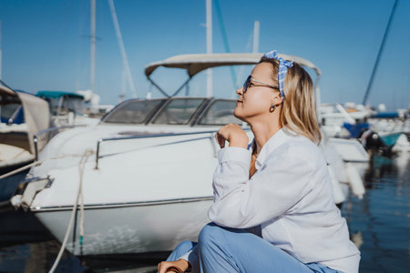 Woman in white shirt in marina , surrounded by several other boats. The marina is filled with boats of various sizes, creating a lively and picturesque atmosphere.の写真素材
