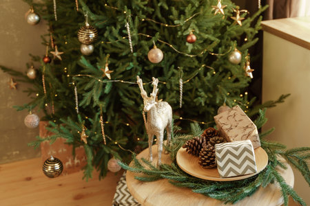 Presents and Gifts under Christmas Tree, Winter Holiday Conceptの写真素材