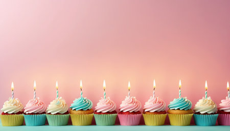 Colorful cupcakes with lit candles are displayed against a pink background, indicating an indoor celebration event marking of joy and celebrating. with free spaceの素材