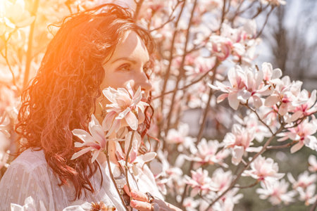 Magnolia park woman. Stylish woman in a hat stands near the magnolia bush in the park. Dressed in white corset pants and posing for the camera.の写真素材