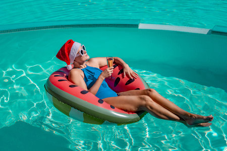 A happy woman in a blue bikini, a red and white Santa hat and sunglasses poses in the pool in an...