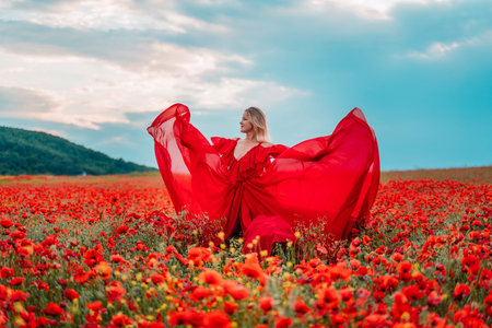 Woman poppy field red dress. Happy woman in a long red dress in a beautiful large poppy field. Blond stands with her back posing on a large field of red poppiesの写真素材