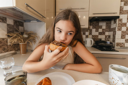 A girl is eating a donut in a kitchen. The kitchen is decorated with checkered tiles and has a stove and a cup on the counter.の写真素材
