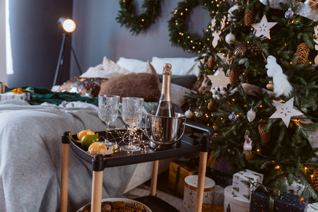 A tray with a bottle of champagne, two wine glasses, and fruit. Scene is celebratory and festive.の写真素材