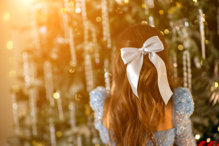 The girl decorates the Christmas tree, holding Christmas baubles in her hand. She wears a blue dress with a bow in her hair. Holiday concept.の写真素材