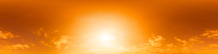 Golden glowing red orange overcast sunset sky 360 hdr panorama. Seamless spherical equirectangular...