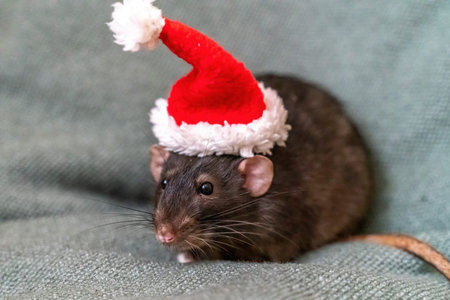 Rat Santa hat. Symbol of the Chinese New Year. Funny black rat Dumbo in a red santa checker on a...