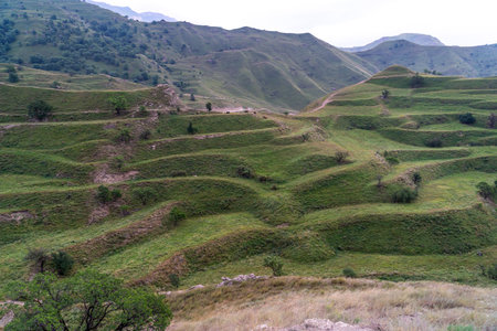 Chokhsky terraces Dagestan. Landscape of mountainous Dagestan with terraced fields and peaks mountains in the distance.の写真素材