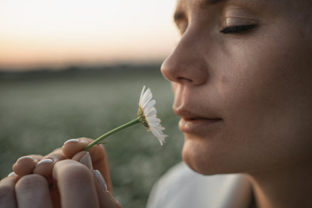 A woman is holding a flower and smelling it. Concept of calm and relaxation, as the woman takes a moment to appreciate the beauty of the flower.の写真素材