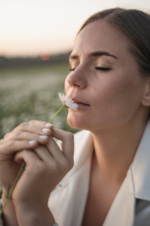 A woman is sitting in a field and smelling a flower. Concept of peace and tranquility, as the woman is enjoying the simple pleasure of smelling a flower.の写真素材