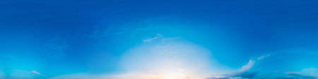 Sky 360 panorama - Bright blue sky filled with fluffy white Cirrus clouds. Seamless hdr spherical 360 panorama. Sky dome sky replacement for aerial drone 360 panoramas. Weather and climate changeの写真素材