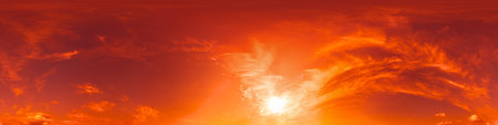360 panorama of glowing sunset sky with bright pink Cirrus clouds. HDR 360 seamless spherical panorama. Full zenith or sky dome sky replacement for aerial drone panoramas. Climate and weather change.の写真素材