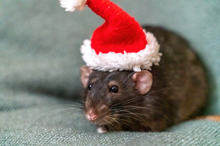 Rat Santa hat. Symbol of the Chinese New Year. Funny black rat Dumbo in a red santa checker on a green background.の写真素材