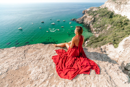 Woman sea red dress yachts. A beautiful woman in a red dress poses on a cliff overlooking the sea on a sunny day. Boats and yachts dot the background.の写真素材
