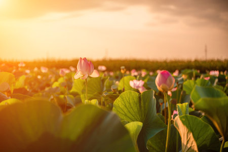 Sunrise in the field of lotuses, Pink lotus Nelumbo nucifera sways in the wind. Against the background of their green leaves. Lotus field on the lake in natural environment.の写真素材