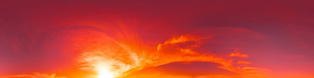 360 panorama of glowing sunset sky with bright pink Cirrus clouds. HDR 360 seamless spherical panorama. Full zenith or sky dome sky replacement for aerial drone panoramas. Climate and weather change.の写真素材