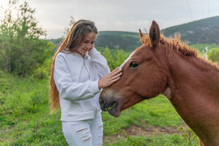 A girl is petting a brown horse in a field. The girl is smiling and the horse is looking at her.の写真素材