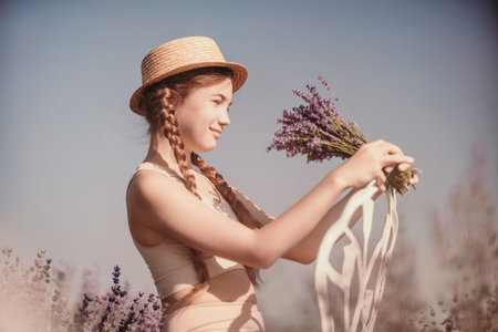girl sitting field lavender and wearing a straw hat. She is smiling and holding a bouquet of flowersの写真素材