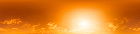 360 panorama of glowing sunset sky with bright pink Cirrus clouds. HDR 360 seamless spherical panorama. Full zenith or sky dome sky replacement for aerial drone panoramas. Climate and weather change.の写真素材