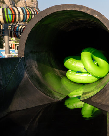 Waterpark Slides Tubes - Close-up view of green inflatable tubes inside a dark waterslide at a waterpark.の写真素材