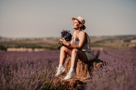 woman sitting in a field of lavender and wearing a straw hat. She is smiling and holding a bouquet of flowers. Scene is peaceful and serene, as the woman is surrounded by the beauty of natureの写真素材