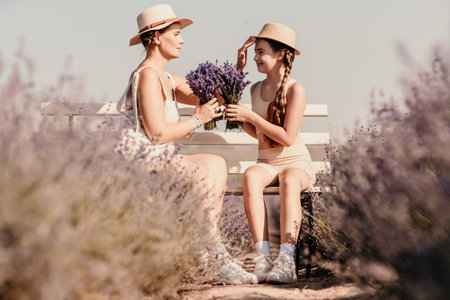 A woman and a child are sitting on a bench in a field of purple flowers lavande. The woman is holding a bouquet of flowers and the child is holding a bouquet of flowers as wellの写真素材